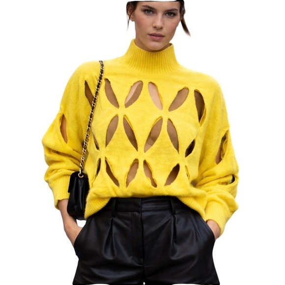 Valentino Sweaters - Valentino Yellow Mohair Merino Wool Cut Out Slashed Mock Neck Sweater Size S